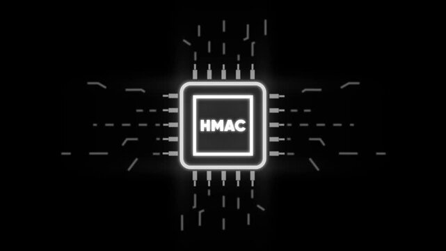 H M A C Hash Message Authentication Code Cybersecurity Concept with Glowing Microchip on Dark Background with Circuit Board