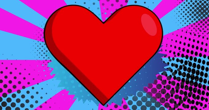 Cartoon heart, comic book valentine's day video. Retro comics pop art design animation.