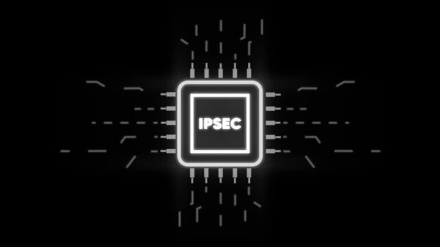 I P S E C internet protocol security technology concept with glowing microchip on circuit board background