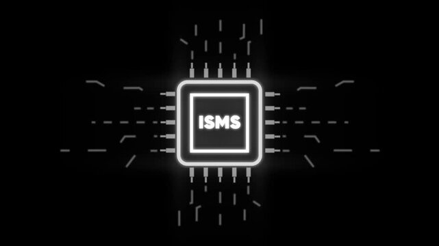 I S M S Information Security Management System Glowing Neon Chip with Circuitry on Black Background Technology and Cybersecurity Concept