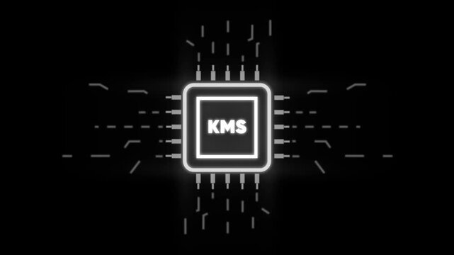 Glowing K M S Microchip Processor with Neon Effect on Dark Background with Circuit Board