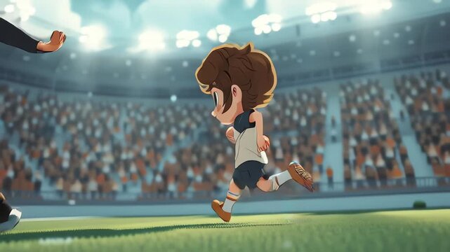 Animated boy playing soccer running on a professional stadium field