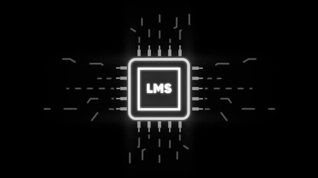 L M S Learning Management System Software Glowing with Neon Effect on Black Background with Circuit Board