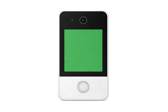 A close-up view of a small, modern smartphone with a green screen.