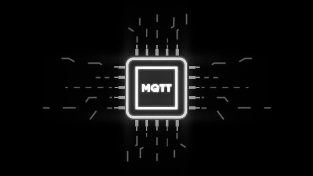 M Q T protocol neon glowing chip with data streams and connections on a black background for Io T technology and networking concepts