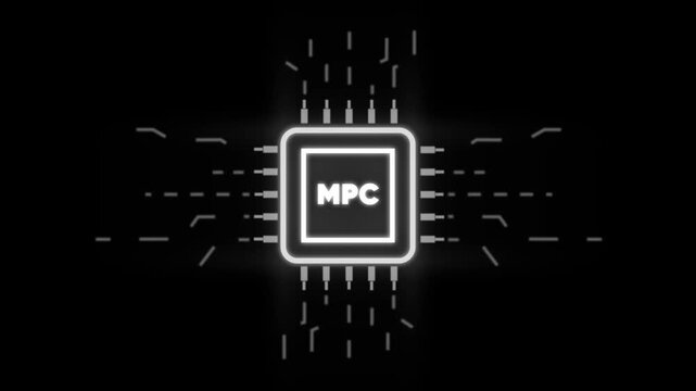 Glowing M P C Microchip Processor with Neon Effect on Dark Background with Circuit Board