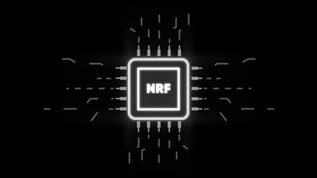 Glowing N R F Microchip Circuit Board on Black Background with Neon Lines and Dots