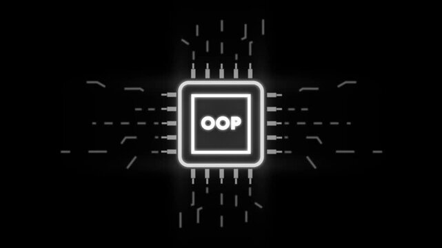 O P Concept Microchip Glowing Neon White on Black Background with Circuit Board object-oriented programming