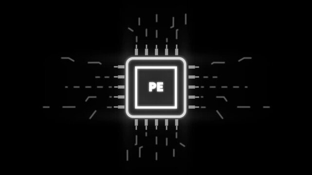 Glowing Microchip with P E Label and Neon Circuitry on Black Background for Technology and Innovation Concepts