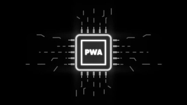 Progressive Web App P W A Concept Glowing Neon Square with Circuit Board on Black Background