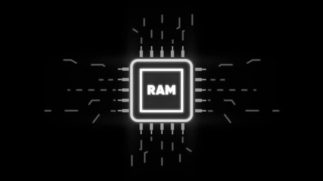 Glowing R A M Chip with Neon Effect on Circuit Board Background for Technology and Computing Concepts