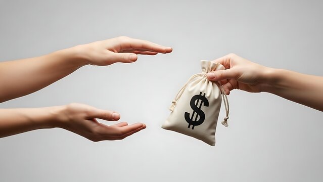Hands exchanging money bag with dollar sign.