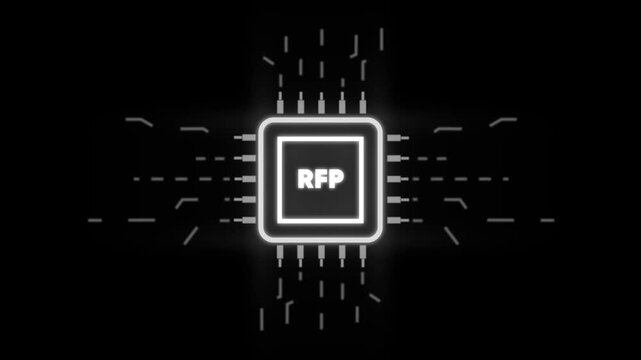Request for Proposal R F P Neon Glowing on Dark Background with Futuristic Circuit Board neon glowing square