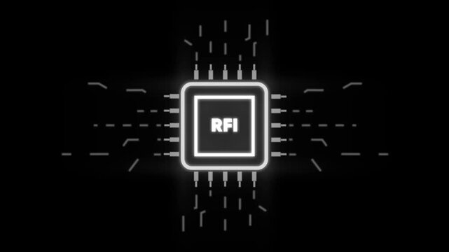 R F I Request for Information Technology Concept with Glowing Microchip and Circuit Board on Black Background