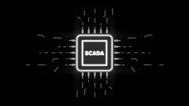 S C A D A system concept with glowing microchip on circuit board background SCADA computer chip technology