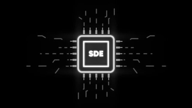 Glowing S D E Microchip Circuit Board with Neon Effect on Black Background for Technology and Innovation Concepts