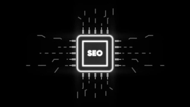 S E O optimization concept with glowing microchip and circuit board on dark background for business finance and technology related projects