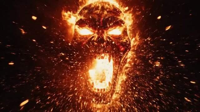 Demon Face Emerging from Flames and Embers on Black Background - Intense Hell Concept