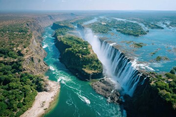 Obraz premium Aerial View of Majestic Waterfalls Cascading into Lush Green Valley Surrounded by Vibrant Blue Waters and Breathtaking Natural Landscape Under Clear Sky