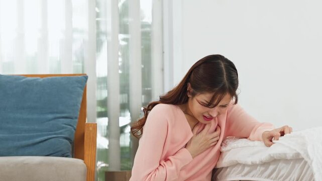 Asian Woman Sick Painful Coughing Chest Pain Kneeling Floor Near Bed Feeling Unwell Suffering Sudden Heart Attack Exhausted Expression Upset Alone Stressed Sad Crying Mental Health Problem Grief