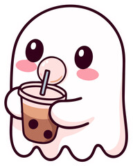A cute kawaii ghost with pink cheeks happily drinking a boba milk tea. A charming and playful character illustration with bold outlines