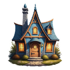 Fototapeta premium A charming blue house with orange trim and a stone chimney isolated on transparent background