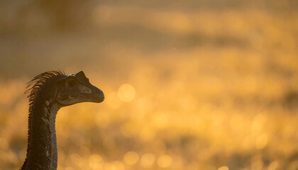 Obraz premium Dinosaur silhouette against vibrant yellow background with abstract bokeh effect at sunset viewpoint illustration