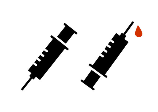 syringe icons set featuring a medical needle with a red blood