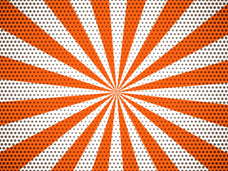Obraz premium Dynamic orange and white sunburst background featuring a retro halftone dot pattern perfect for comic book designs or vibrant promotions