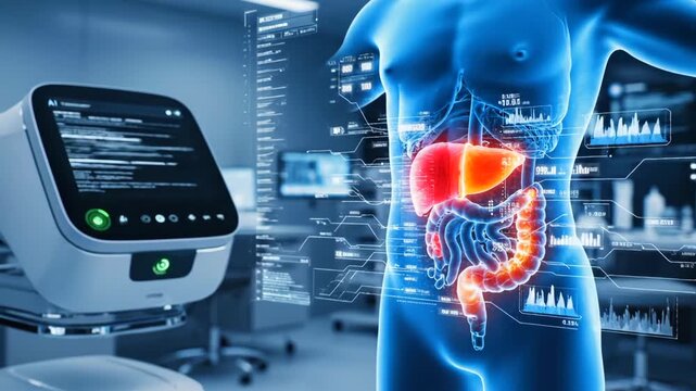 liver and intestine hologram projected over diagnostic console, ai assisted organ mapping and noninvasive assessment, sterile lab setting with clinical device and data readouts