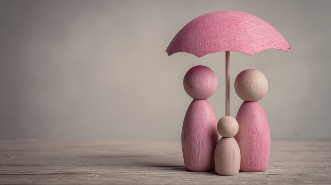 Wooden peg doll family under pink umbrella, minimalist symbol of protection, care, and emotional warmth.