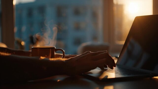 Person working on laptop with cup of coffee at sunrise or sunset.