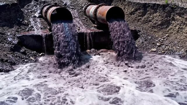 Industrial pipes discharging murky wastewater into a muddy terrain