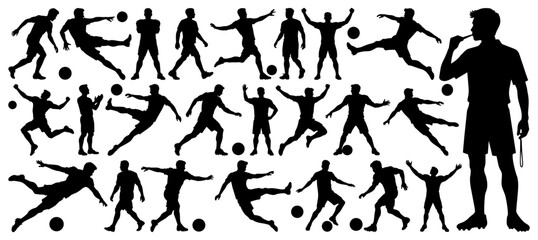 Male Soccer Player Silhouettes Collection with Referee in Dynamic Action Poses on Transparent Background