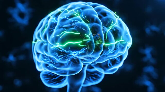 blue brain with fiery neural bursts, highresolution D medical animation showing focal synaptic ignition, axon sparks, cortical hotspots and pulse propagation for neurologist simulation