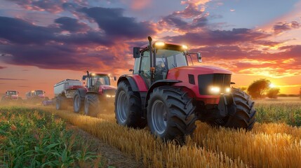 Fototapeta premium Red Tractors Field Work | Agriculture Farming Sunset