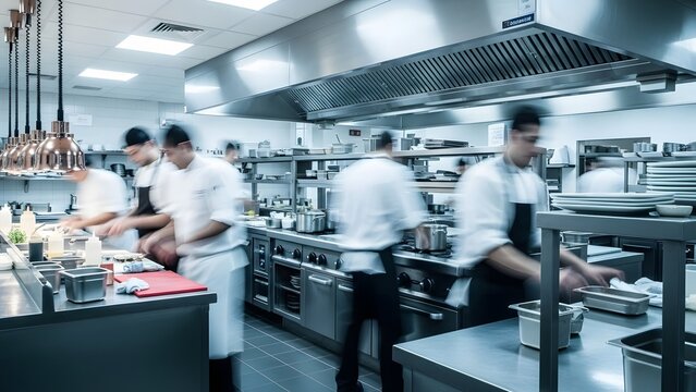 Professional kitchen team working collaboratively in a bustling commercial restaurant environment, preparing dishes and executing culinary tasks with efficiency and expertise
