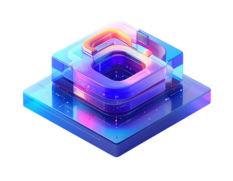 Isometric view of a digital lock with glowing vibrant colors on a dark background