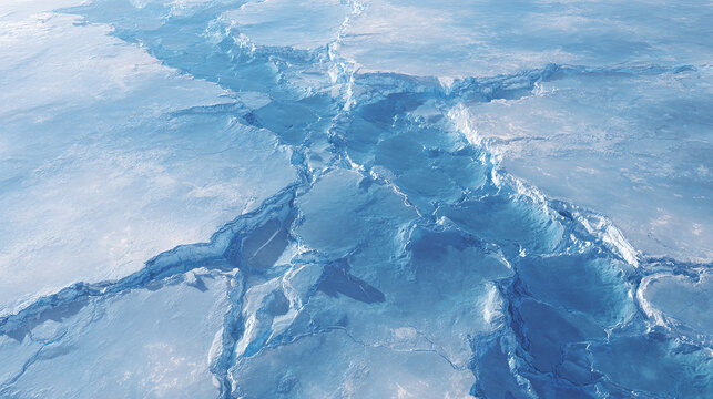 Cracked ice in a landscape, an awe-inspiring view from above, captured in high quality