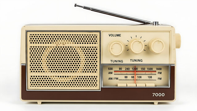 Vintage Retro Transistor Radio with Antenna and Tuning Controls.