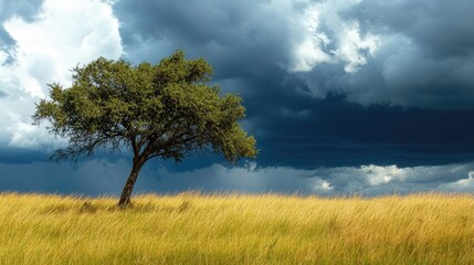 Fototapeta premium A lone tree stands in a vast field under a stormy sky