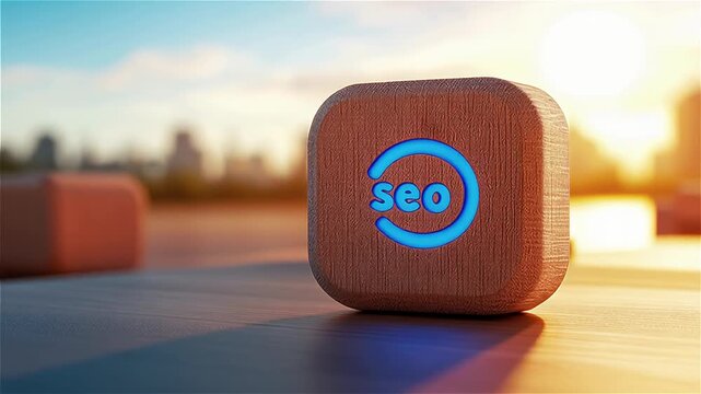 Glowing SEO icon cube on wooden desk with neon blue light, digital marketing strategy concept at sunrise city skyline, modern clean minimal design
