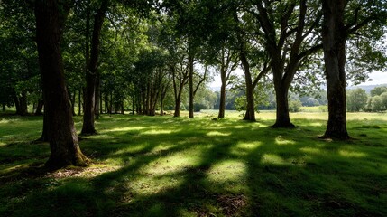 Fototapeta premium Sunlight creates d d shadow patterns on lush green grass in a tranquil park clearing surrounded by tall trees