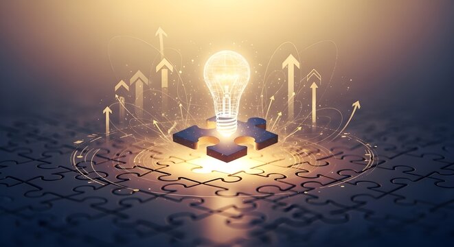 A glowing lightbulb sits atop a puzzle piece with arrows pointing upwards, symbolizing inspiration and innovation.