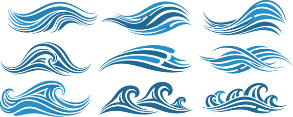 Grid of stylized blue wave icons with swirling curves and line patterns, ideal for aquatic, surfing, or maritime design