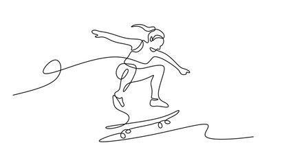 Continuous One Line Drawing of a Female Skateboarder in Action