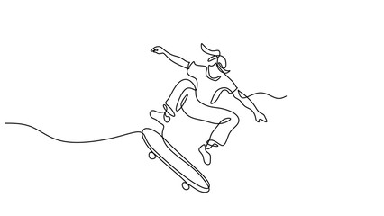 Single Line Art of a Skateboarder Doing a Jump Trick in Mid Air © berkahlineart