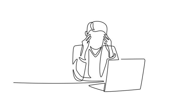 One Line Drawing of a Stressed Businesswoman with a Headache at Her Desk