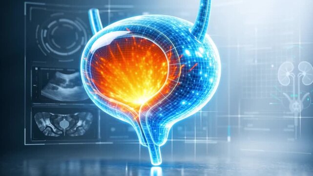 Ai medical scan diagnostic hud bladder anatomy hologram organ healthcare technology urinary system digital interface glowing blue futuristic light disease detection science innovation