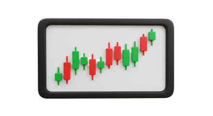 3D Financial Candlestick Chart on Digital Tablet Screen Showing Market Growth for Investment Trading and Profit Analysis, Isolated on White Background, PNG
